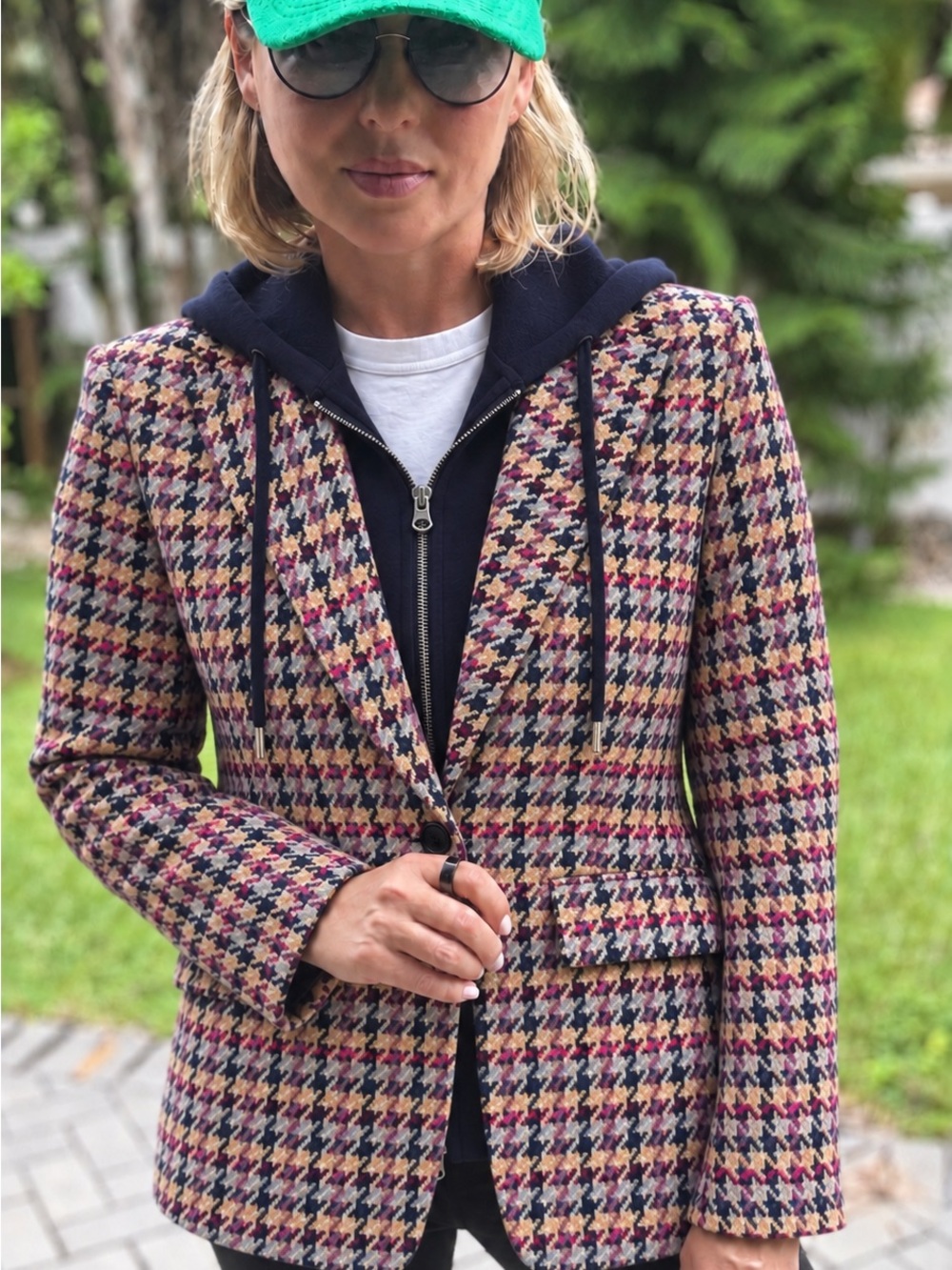 Anthropologie Houndstooth Wool Blend Blazer Removable Hood Women’s Size 6